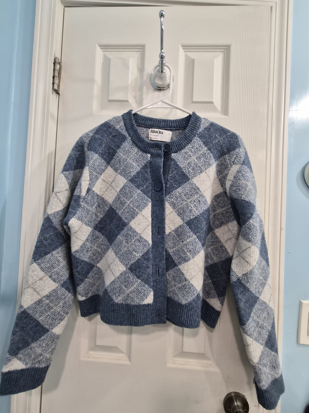 Rita Ora Primark Blue & Cream Argyle Knit Cardigan Sweater